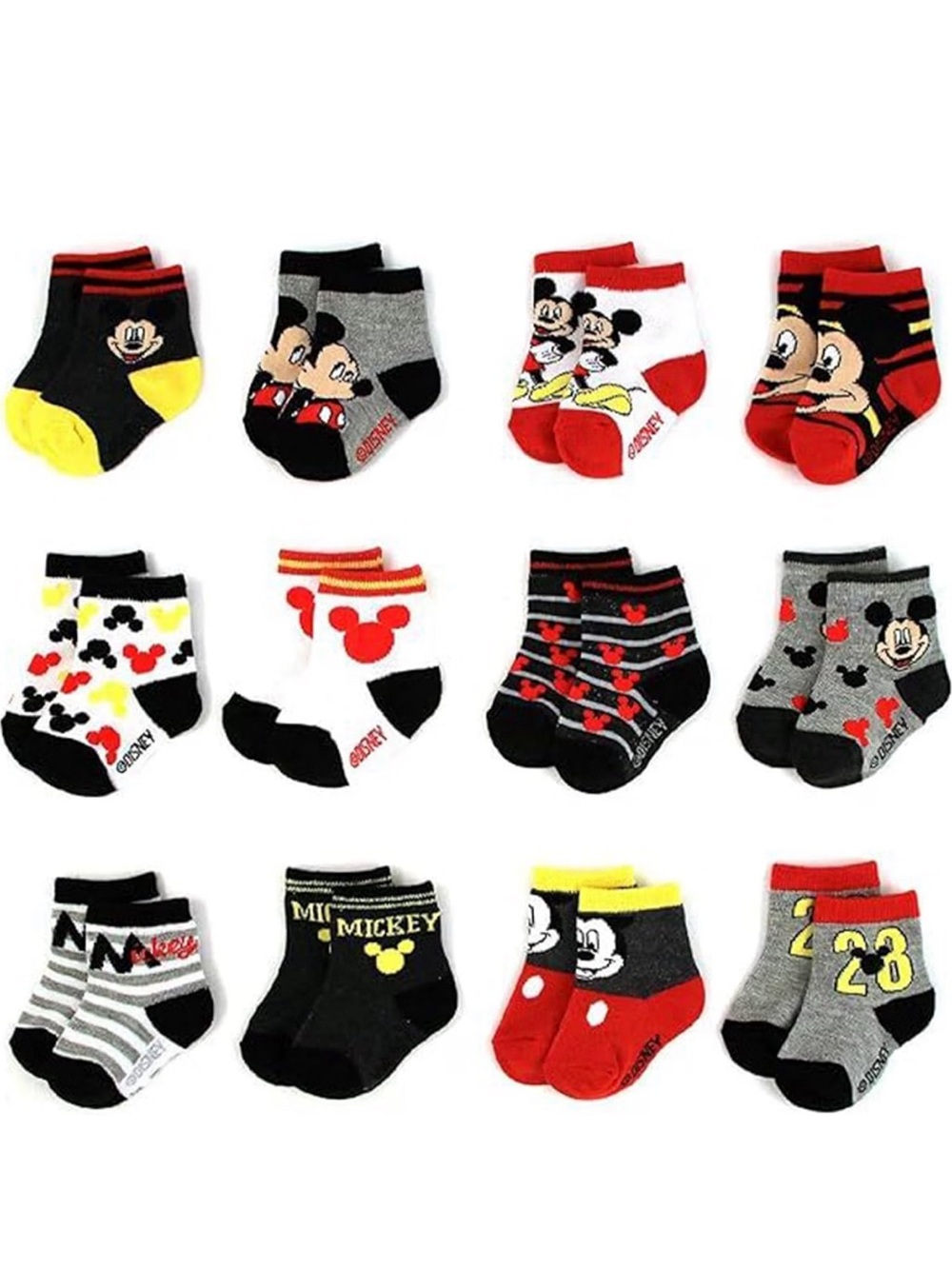 Disney Baby Mickey Mouse 12-Pack Infant Socks (Black, Red, Gray, White, Yellow)